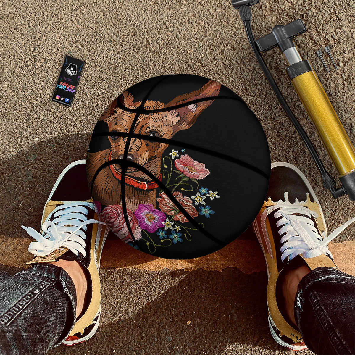 Flower And Chihuahua Embroidery Print Basketball-grizzshop
