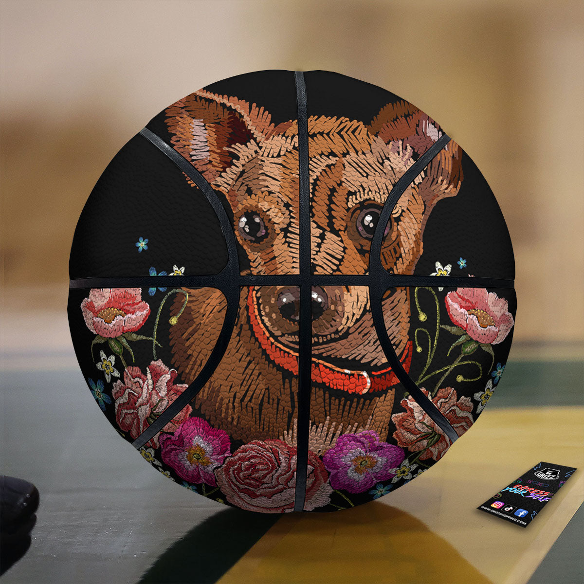 Flower And Chihuahua Embroidery Print Basketball-grizzshop