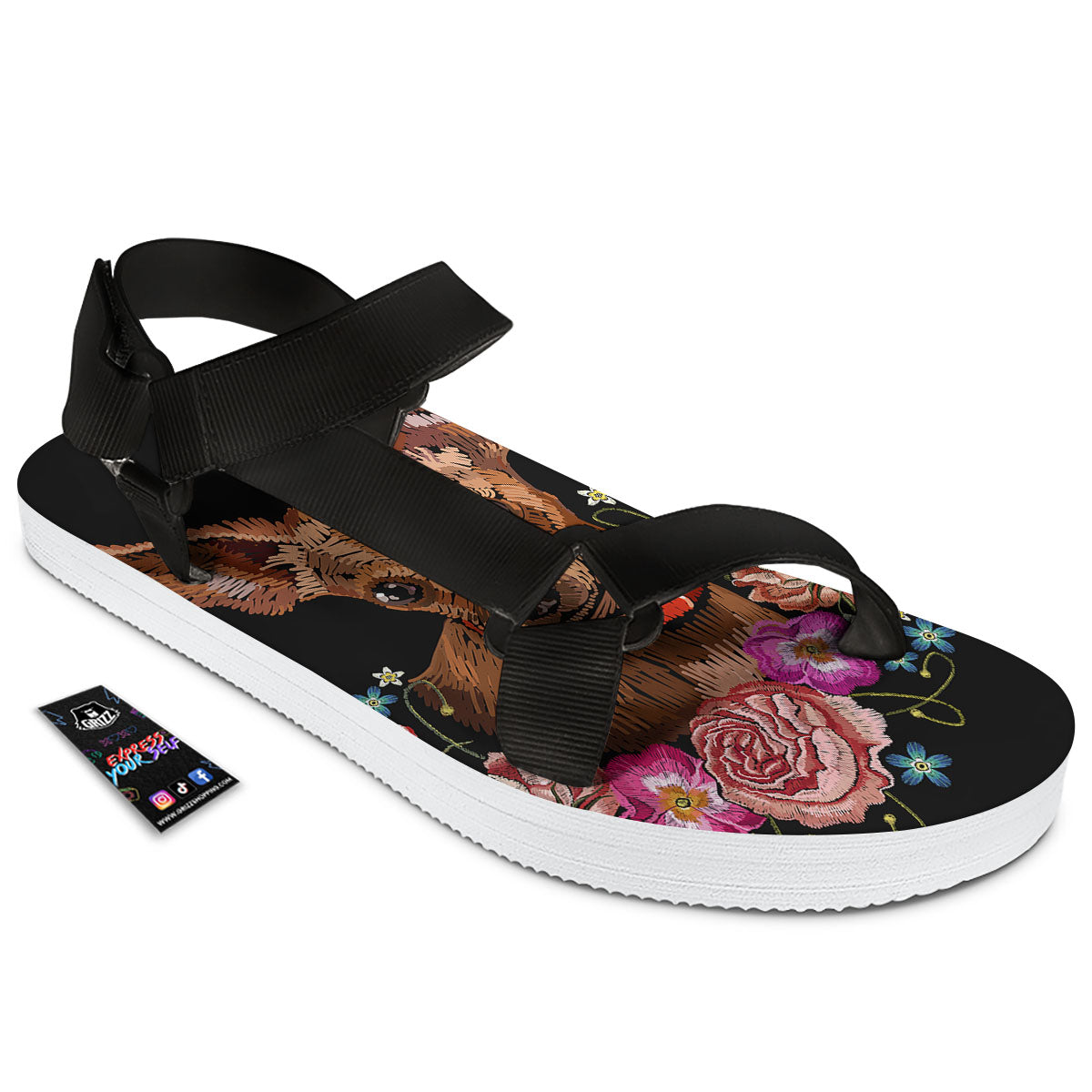 Flower And Chihuahua Embroidery Print Black Open Toe Sandals-grizzshop