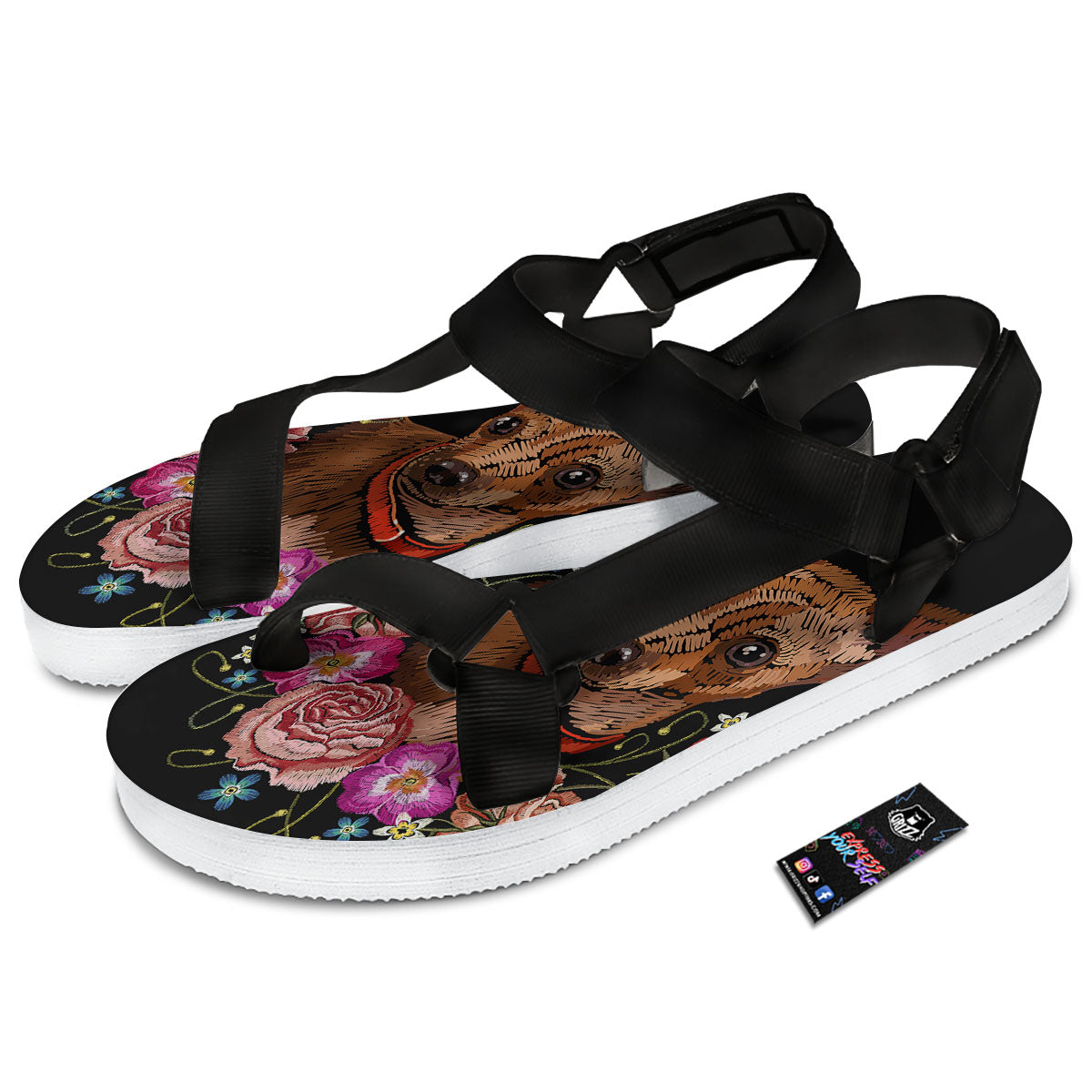 Flower And Chihuahua Embroidery Print Black Open Toe Sandals-grizzshop