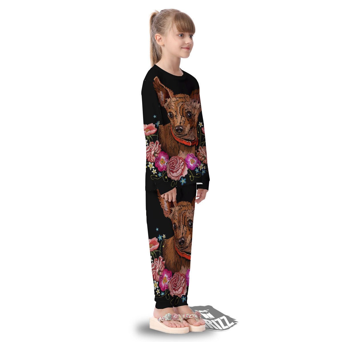 Flower And Chihuahua Embroidery Print Kid's Pajamas-grizzshop