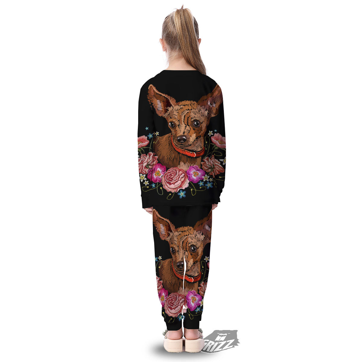 Flower And Chihuahua Embroidery Print Kid's Pajamas-grizzshop