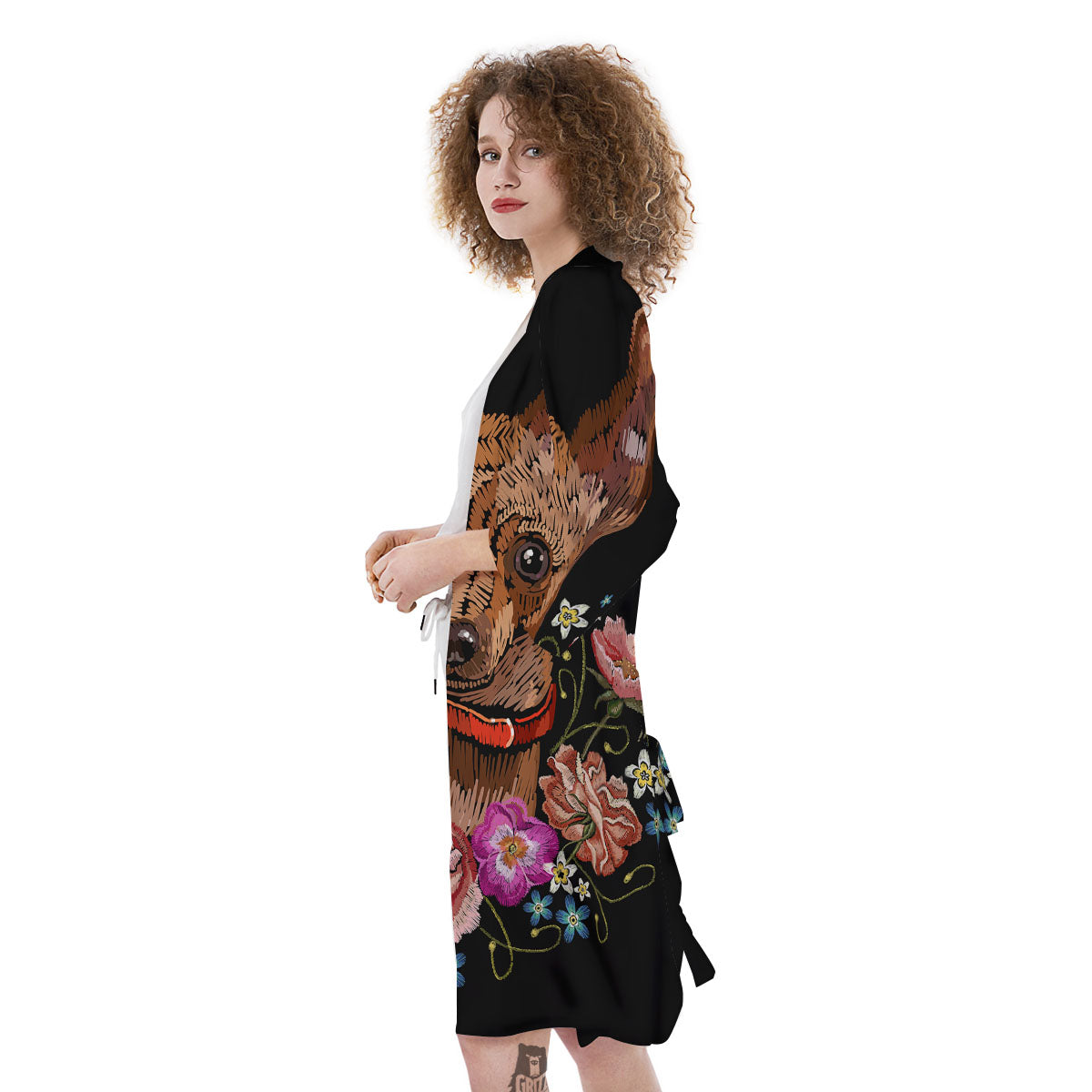 Flower And Chihuahua Embroidery Print Kimono-grizzshop