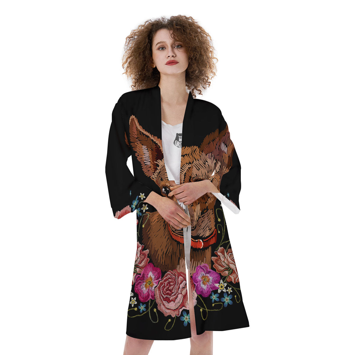 Flower And Chihuahua Embroidery Print Kimono-grizzshop