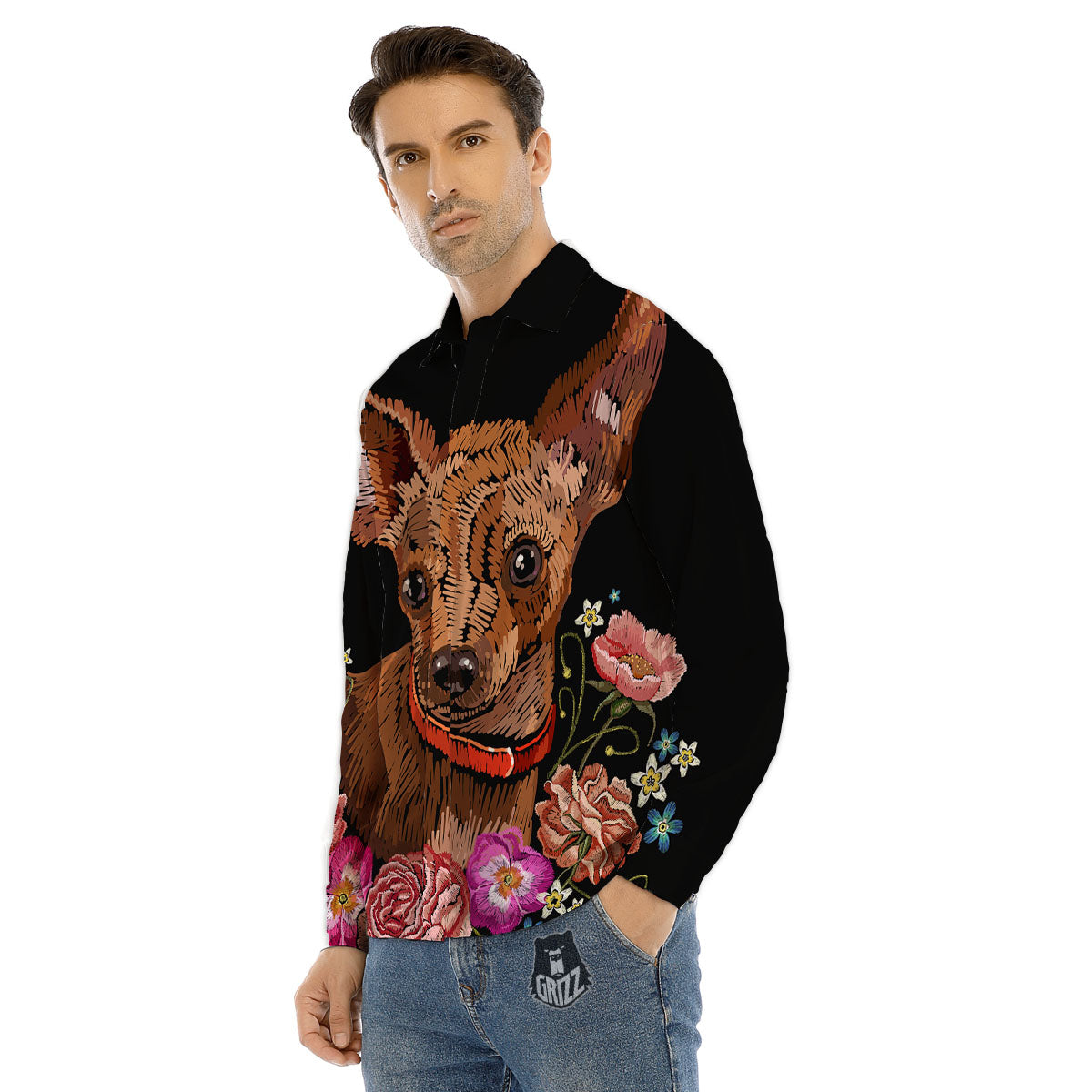 Flower And Chihuahua Embroidery Print Men's Dress Shirts-grizzshop