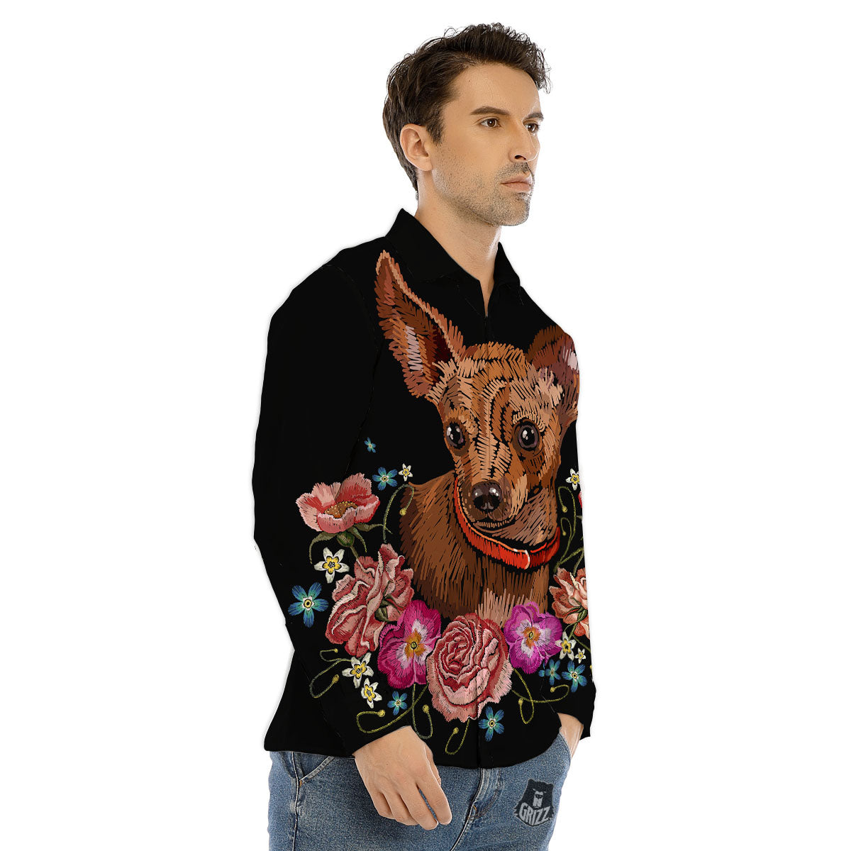 Flower And Chihuahua Embroidery Print Men's Dress Shirts-grizzshop