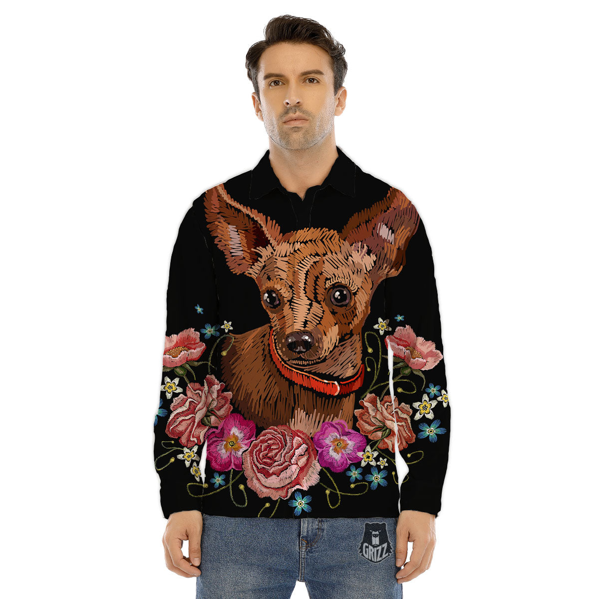 Flower And Chihuahua Embroidery Print Men's Dress Shirts-grizzshop
