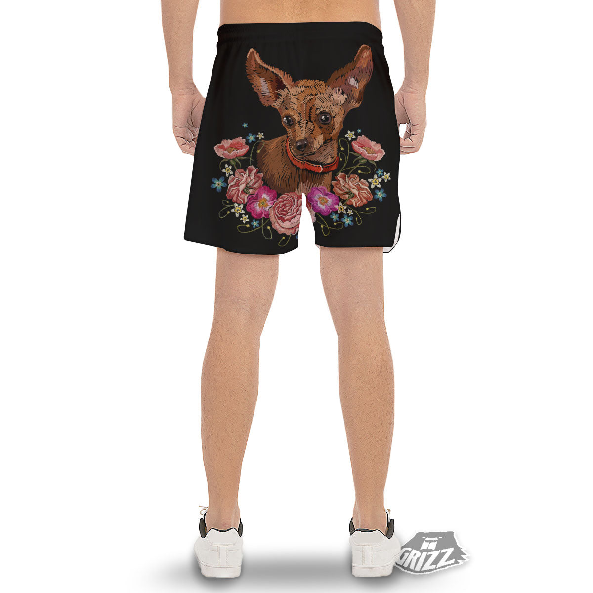 Flower And Chihuahua Embroidery Print Men's Gym Shorts-grizzshop