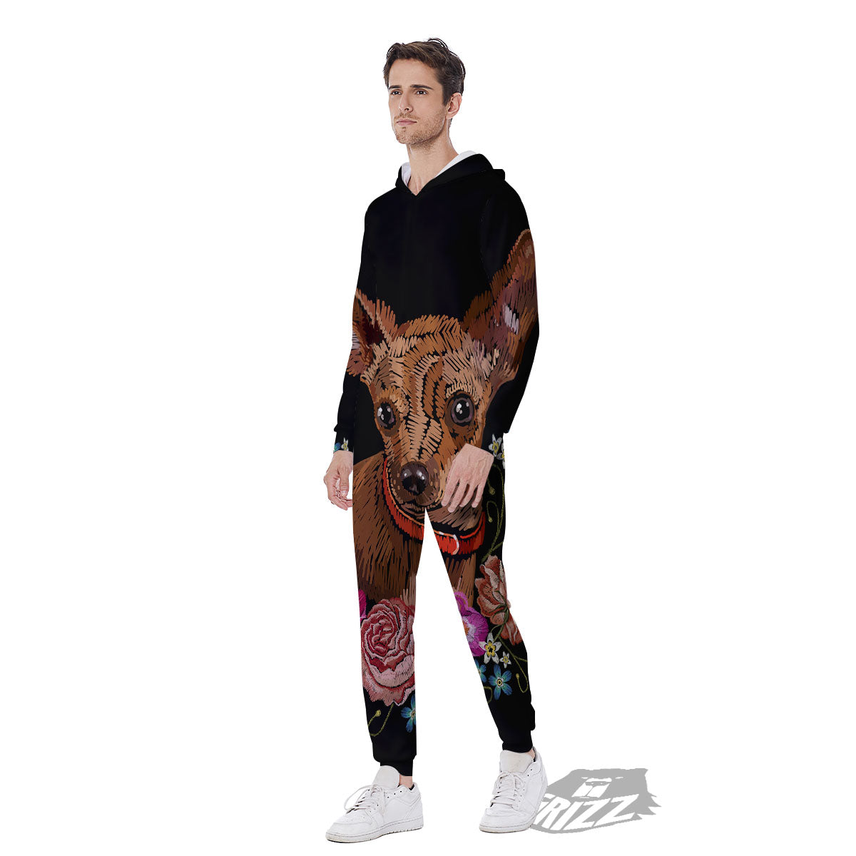 Flower And Chihuahua Embroidery Print Men's Jumpsuit-grizzshop