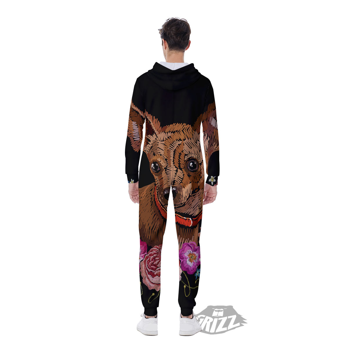 Flower And Chihuahua Embroidery Print Men's Jumpsuit-grizzshop