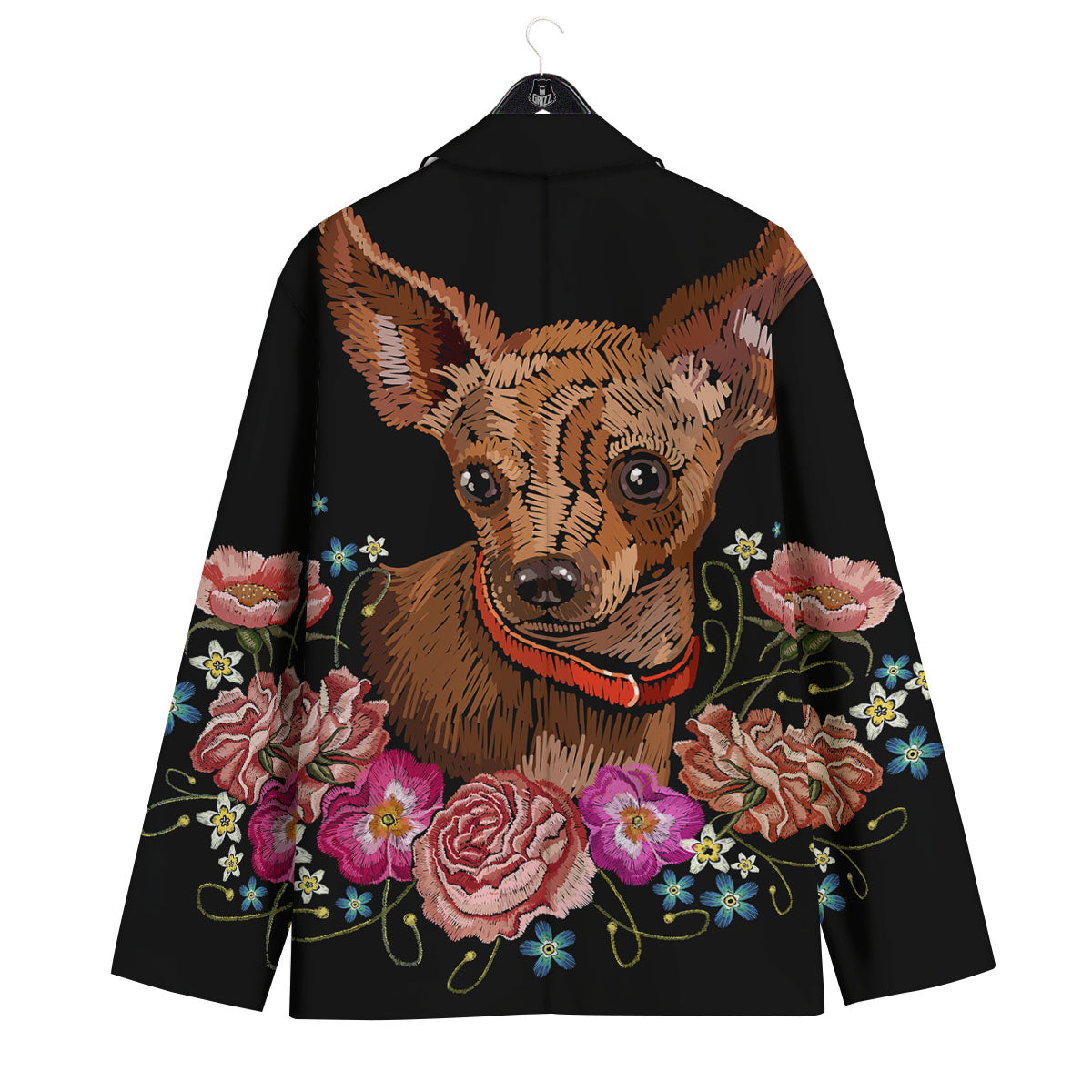 Flower And Chihuahua Embroidery Print Men's Sport Coat-grizzshop