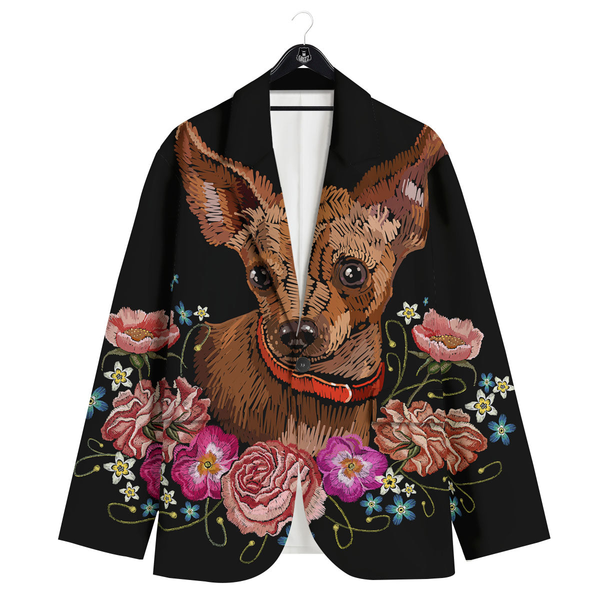 Flower And Chihuahua Embroidery Print Men's Sport Coat-grizzshop