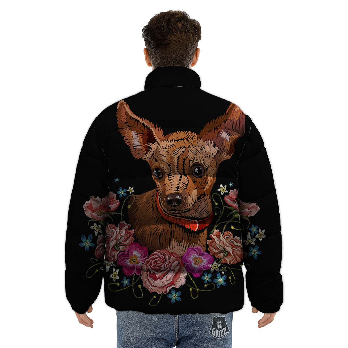 Flower And Chihuahua Embroidery Print Puffer Jacket-grizzshop