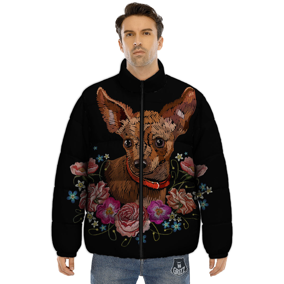 Flower And Chihuahua Embroidery Print Puffer Jacket-grizzshop