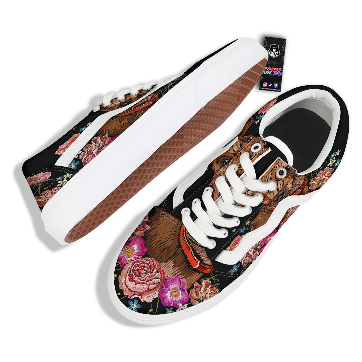 Flower And Chihuahua Embroidery Print Skate Shoes-grizzshop