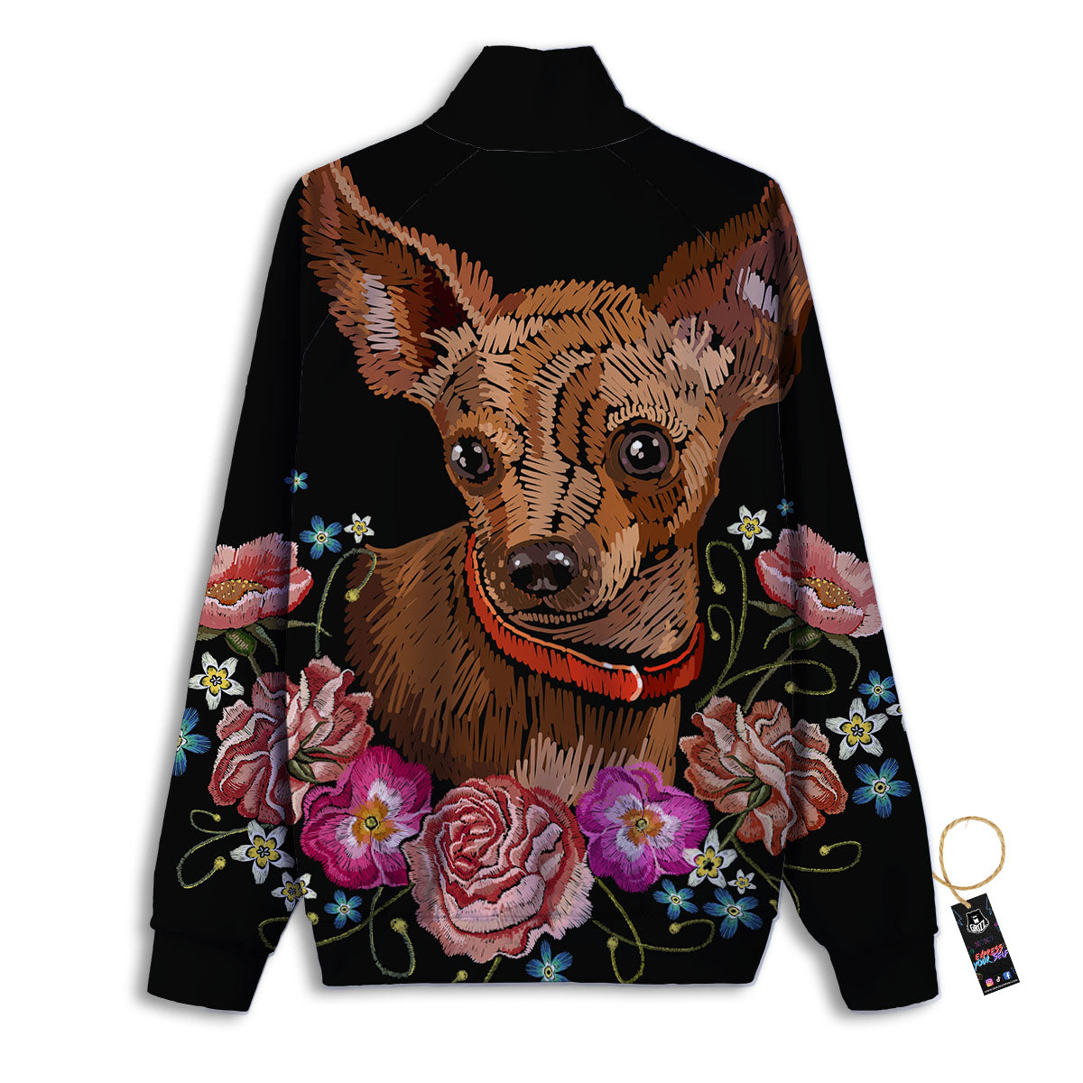 Flower And Chihuahua Embroidery Print Track Jacket-grizzshop