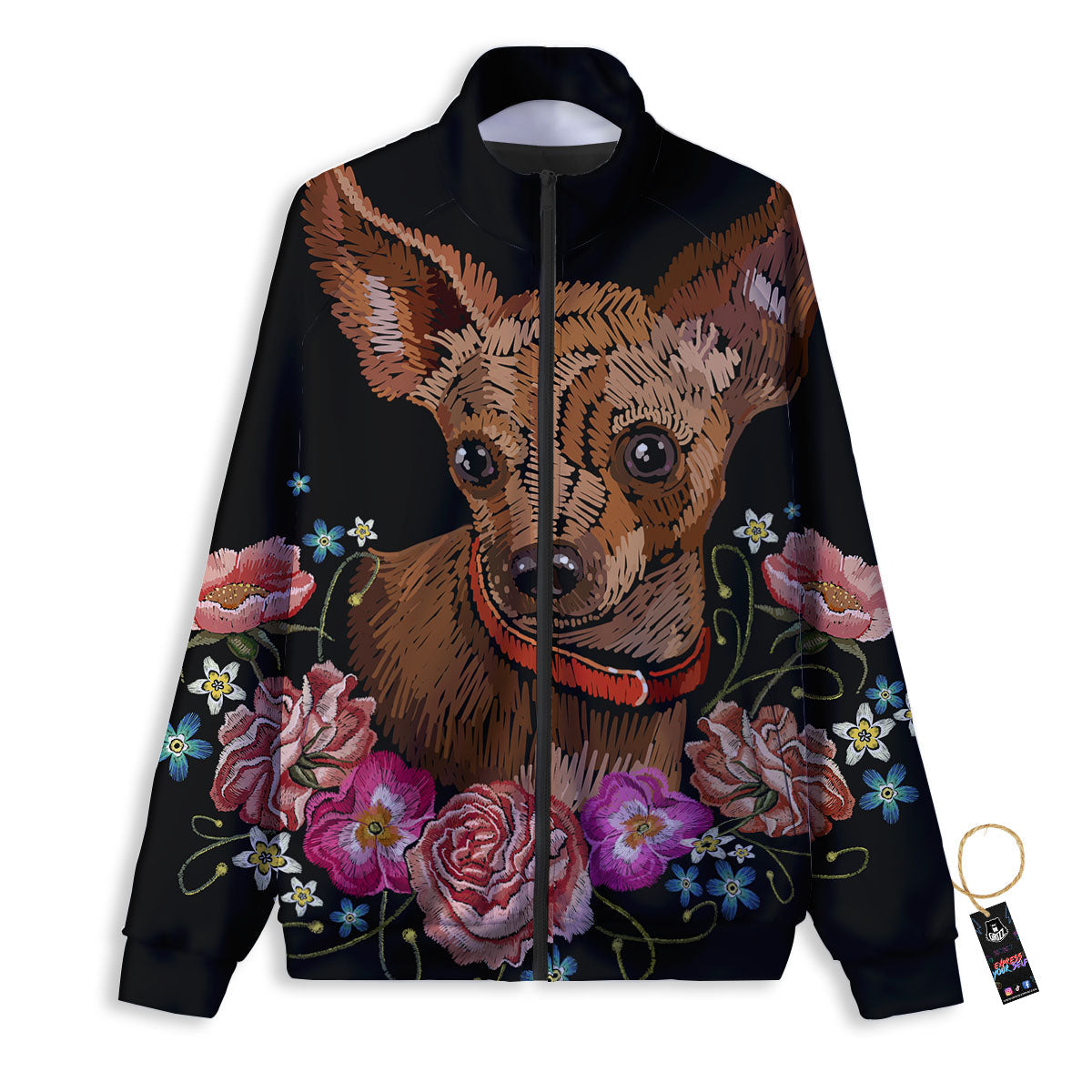 Flower And Chihuahua Embroidery Print Track Jacket-grizzshop