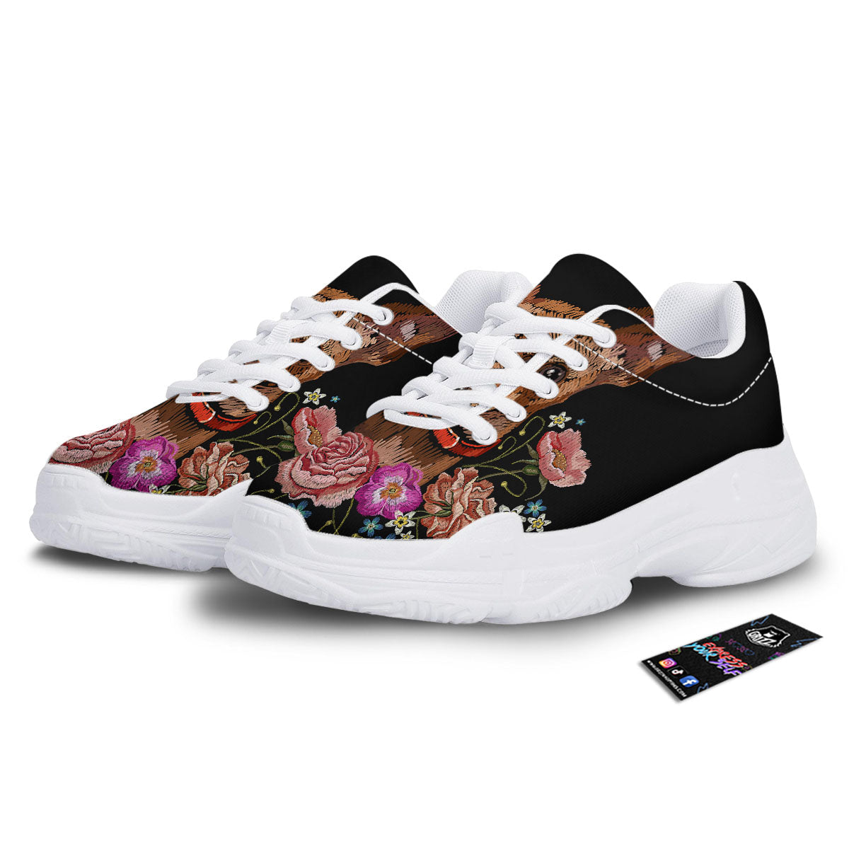 Flower And Chihuahua Embroidery Print White Chunky Shoes-grizzshop