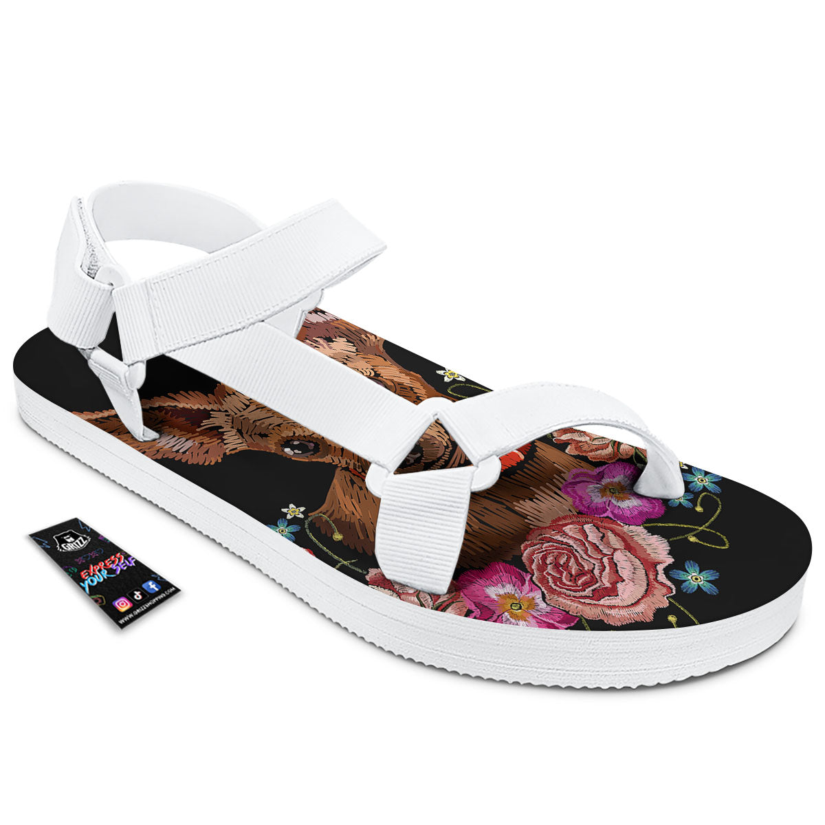 Flower And Chihuahua Embroidery Print White Open Toe Sandals-grizzshop