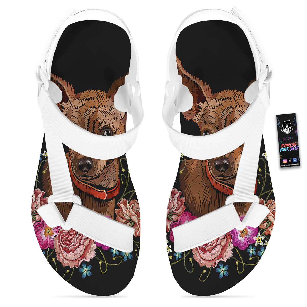 Flower And Chihuahua Embroidery Print White Open Toe Sandals-grizzshop