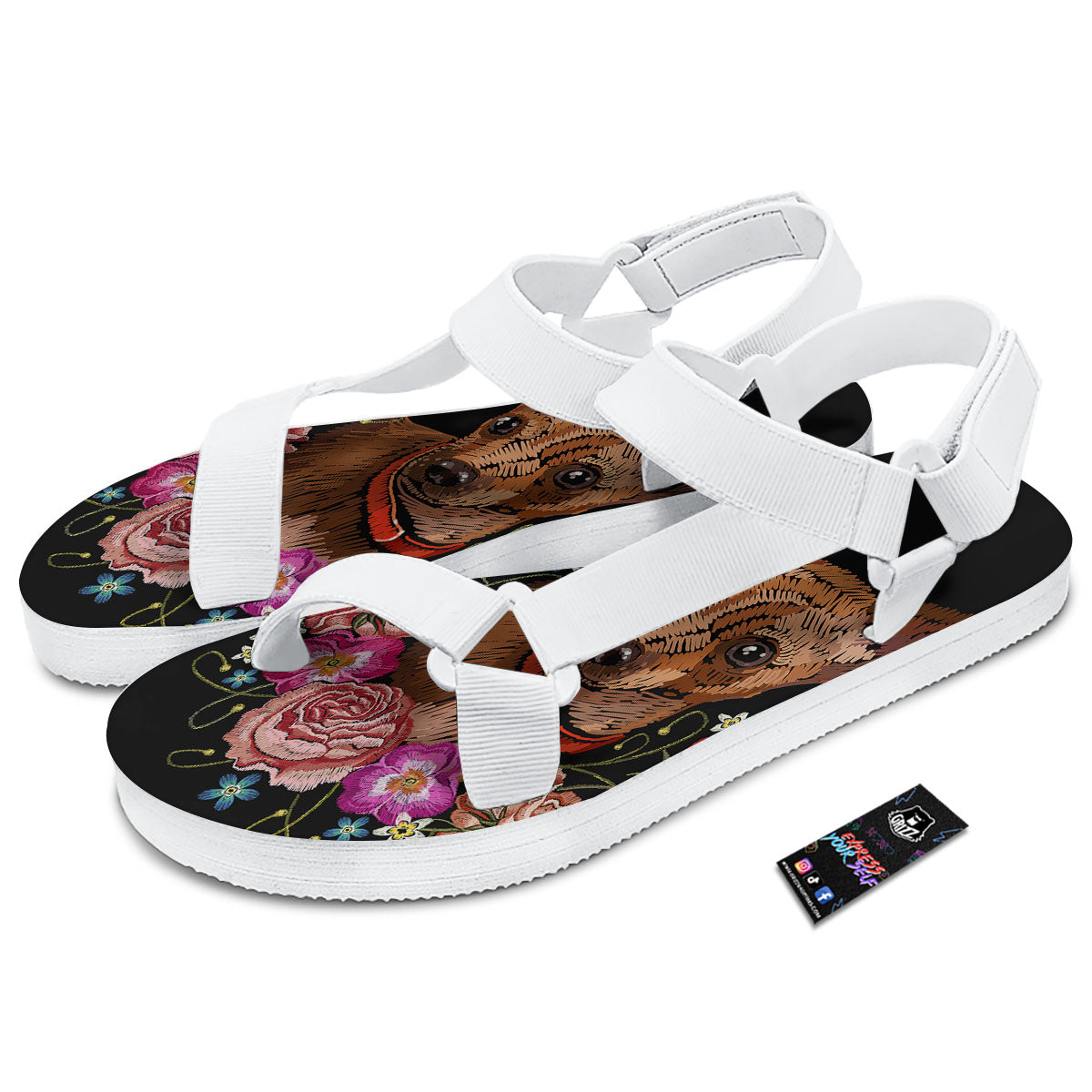 Flower And Chihuahua Embroidery Print White Open Toe Sandals-grizzshop