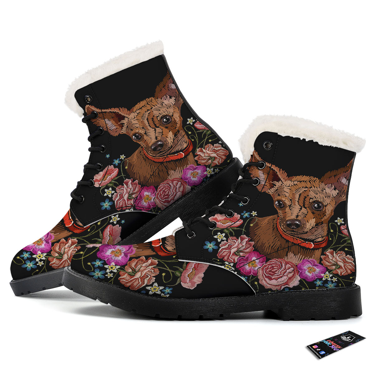 Flower And Chihuahua Embroidery Print Winter Boots-grizzshop