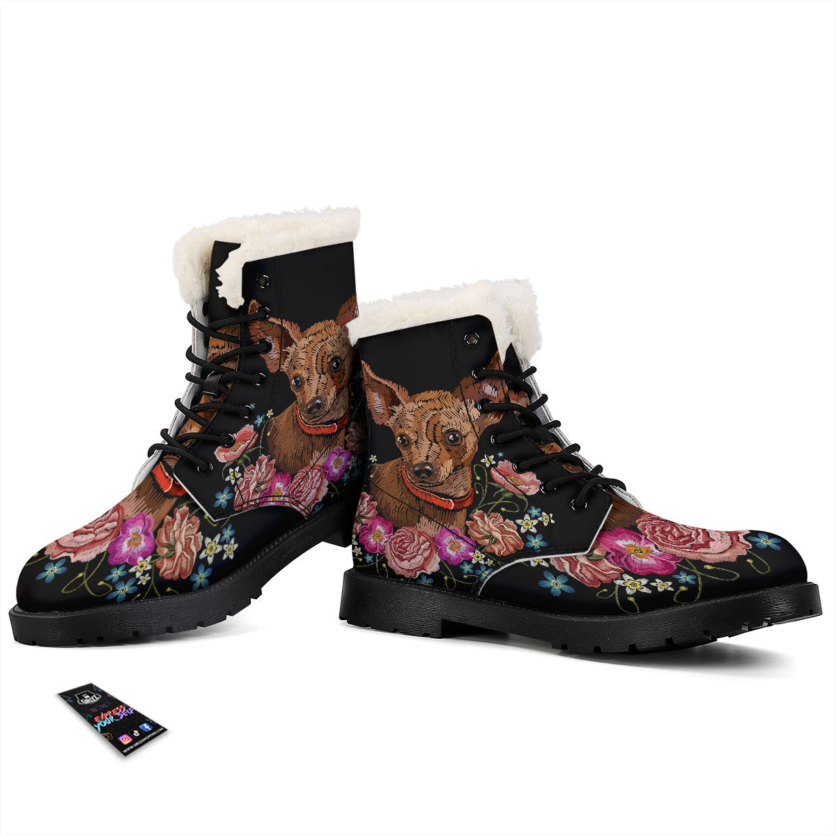 Flower And Chihuahua Embroidery Print Winter Boots-grizzshop