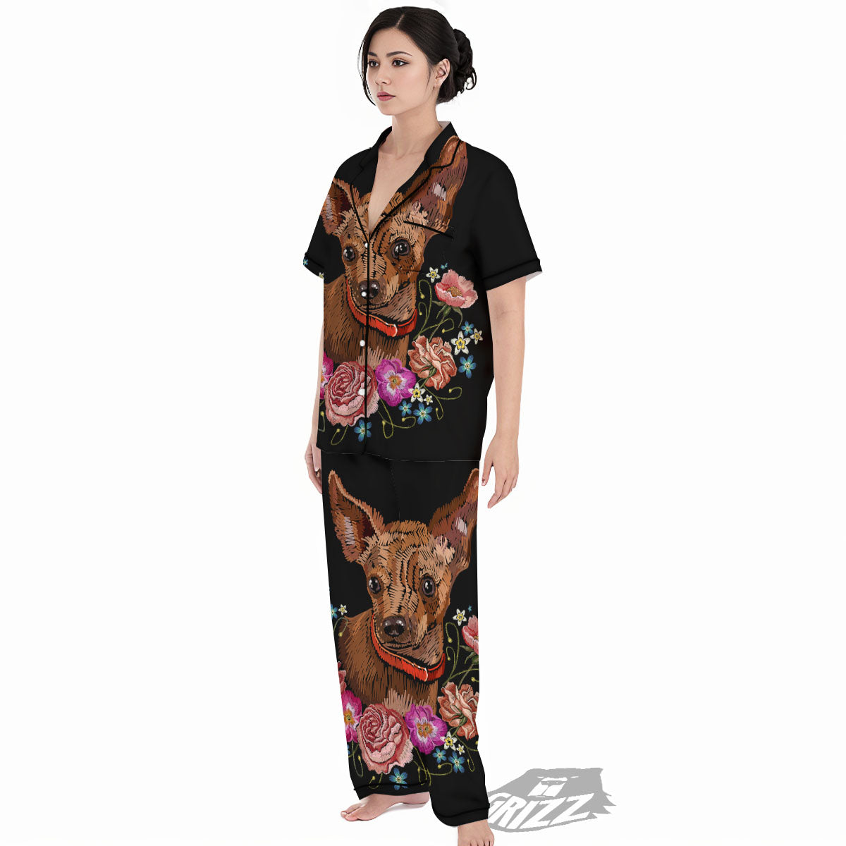 Flower And Chihuahua Embroidery Print Women's Pajamas Set-grizzshop