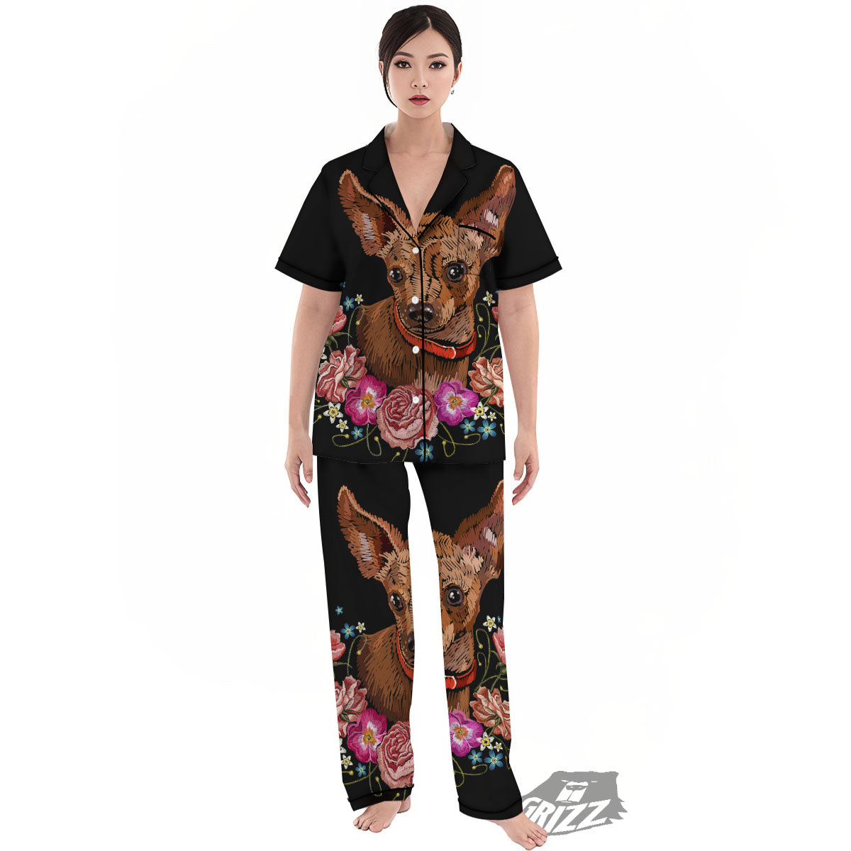 Flower And Chihuahua Embroidery Print Women's Pajamas Set-grizzshop