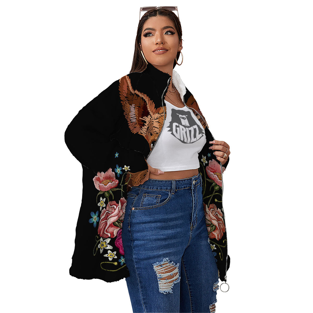 Flower And Chihuahua Embroidery Print Women's Sherpa Jacket-grizzshop