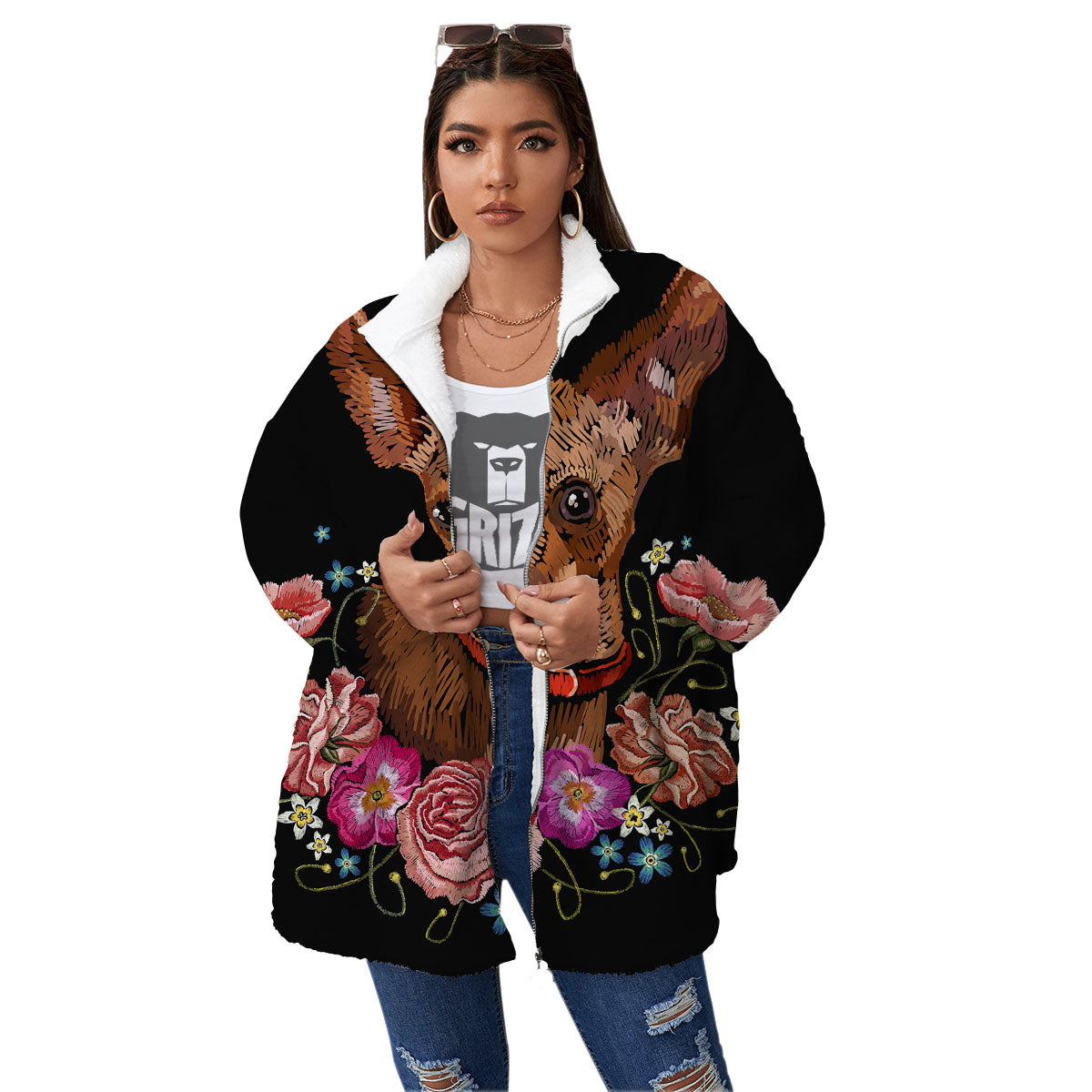 Flower And Chihuahua Embroidery Print Women's Sherpa Jacket-grizzshop