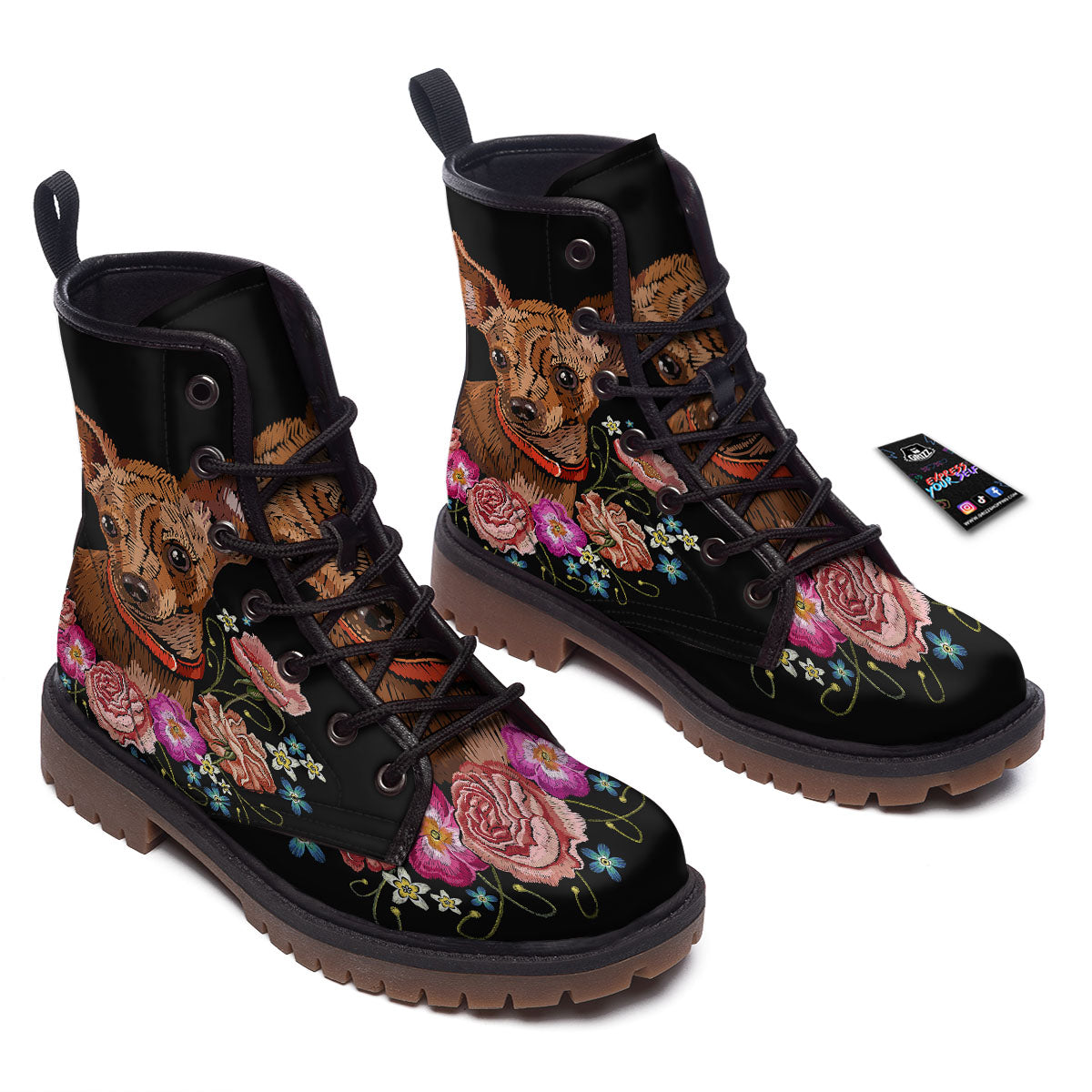 Flower And Chihuahua Embroidery Print Work Boots-grizzshop