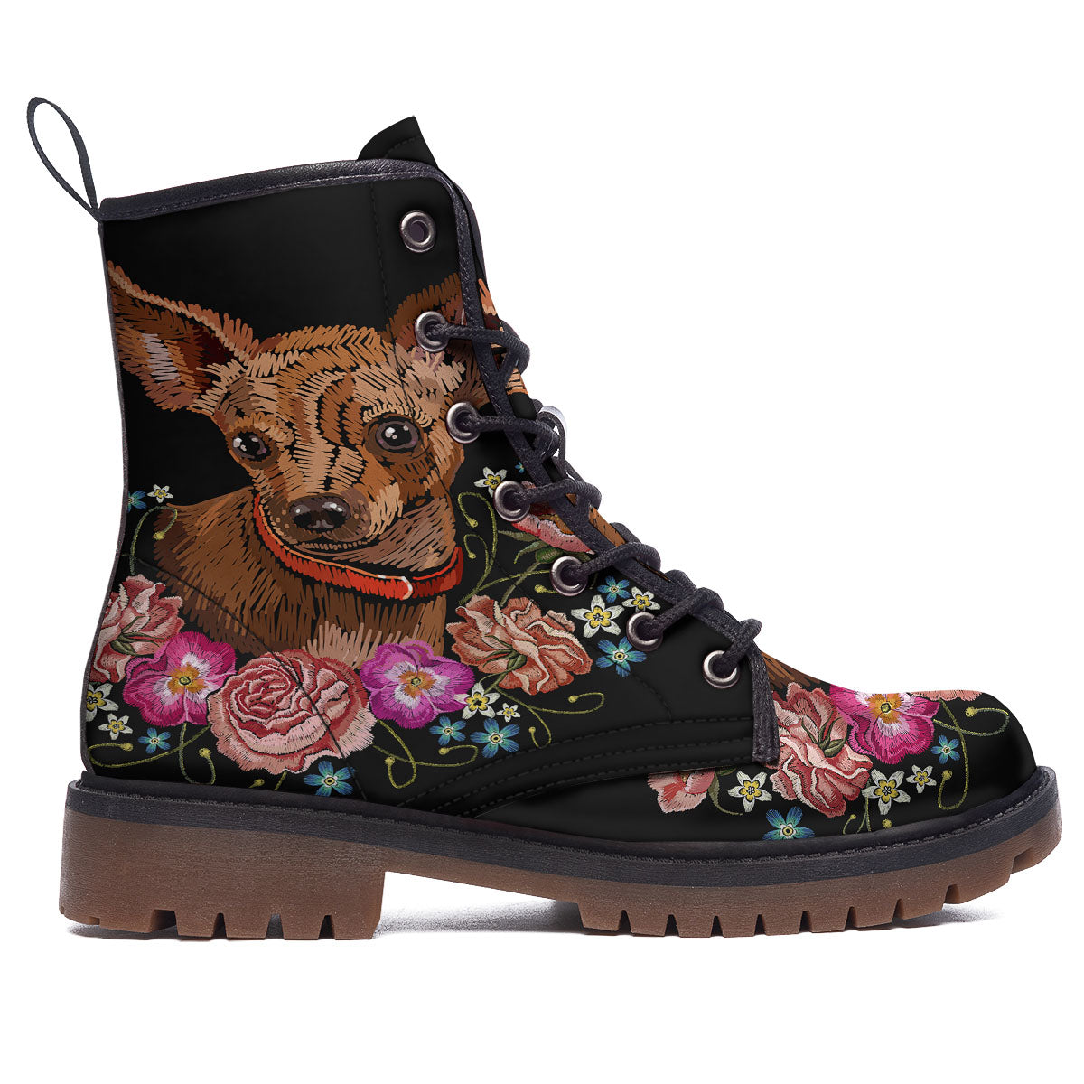Flower And Chihuahua Embroidery Print Work Boots-grizzshop