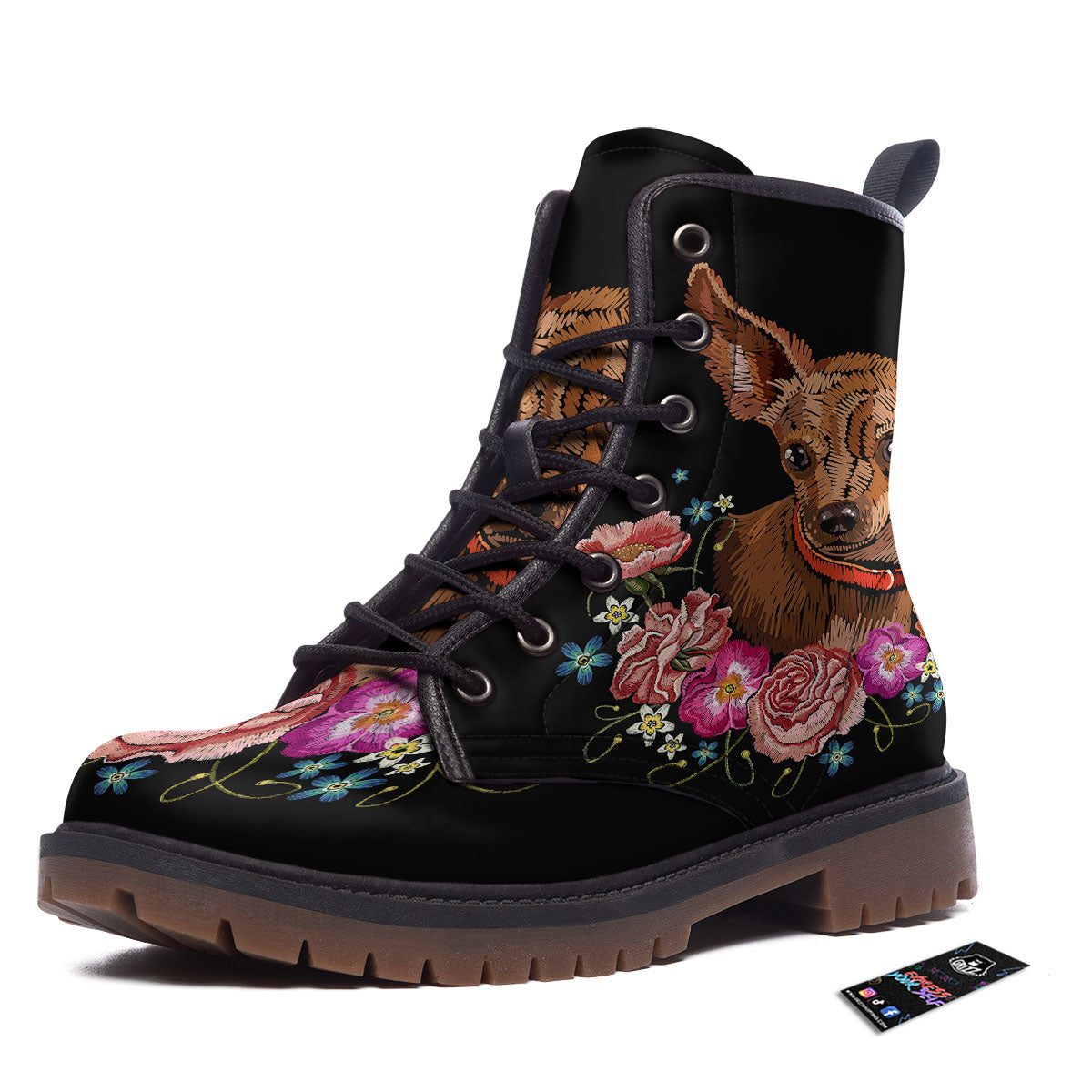 Flower And Chihuahua Embroidery Print Work Boots-grizzshop