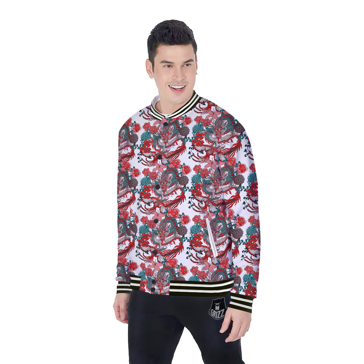Flower And Chinese Dragon Print Pattern Baseball Jacket-grizzshop