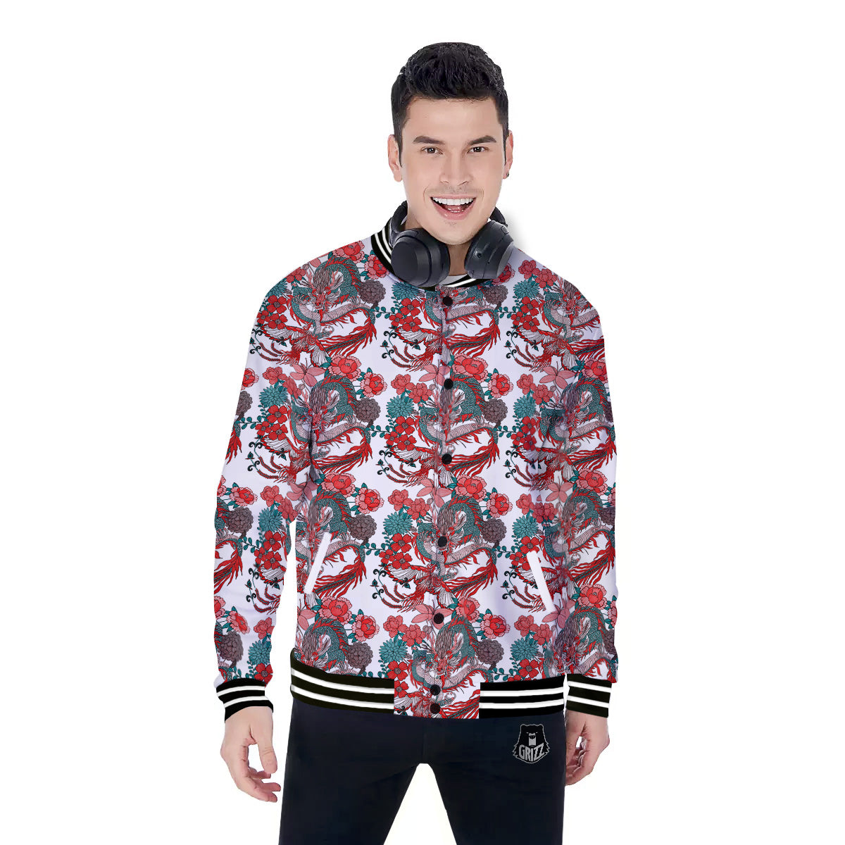Flower And Chinese Dragon Print Pattern Baseball Jacket-grizzshop