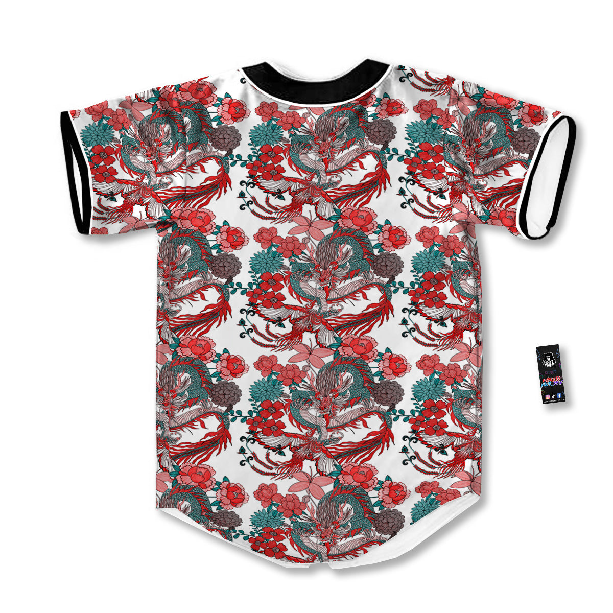 Flower And Chinese Dragon Print Pattern Baseball Jersey-grizzshop