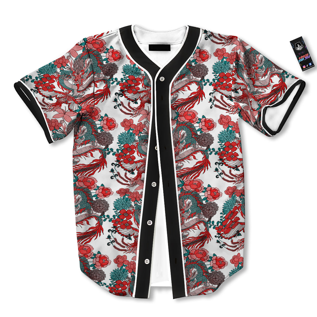 Flower And Chinese Dragon Print Pattern Baseball Jersey-grizzshop