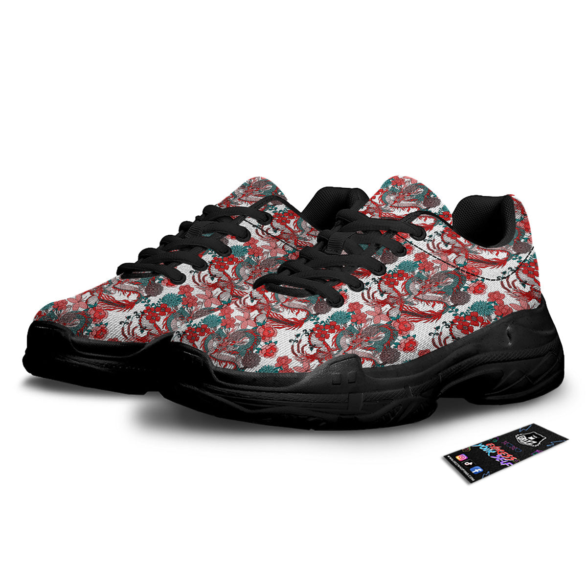 Flower And Chinese Dragon Print Pattern Black Chunky Shoes-grizzshop