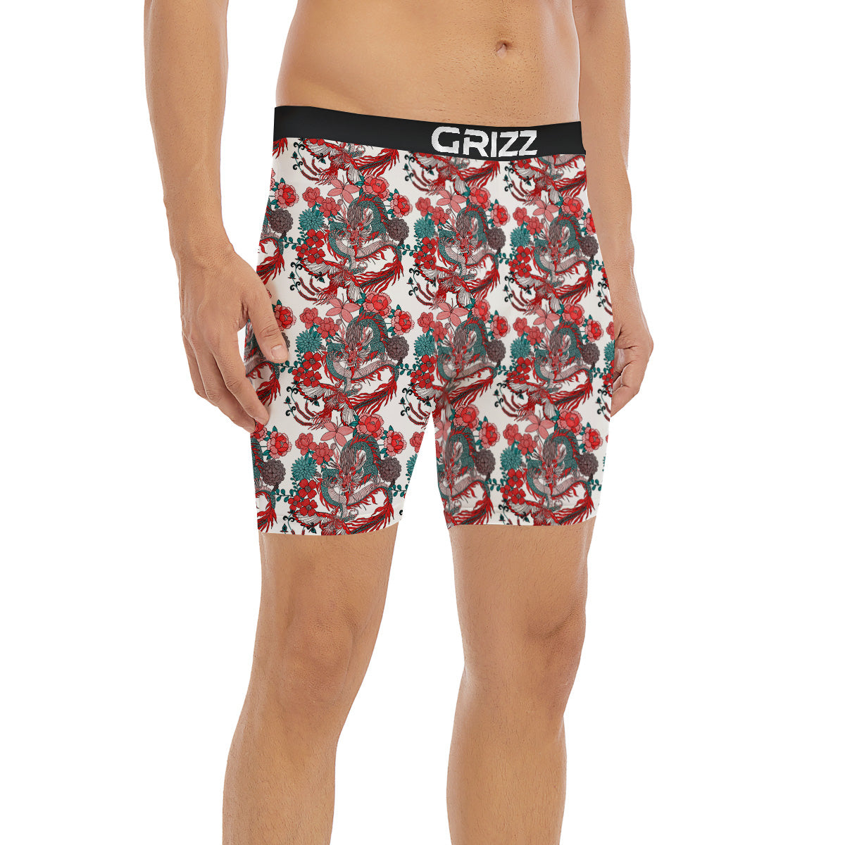 Flower And Chinese Dragon Print Pattern Boxer Briefs-grizzshop