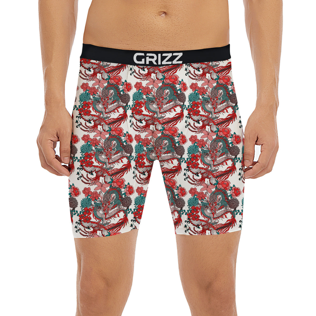 Flower And Chinese Dragon Print Pattern Boxer Briefs-grizzshop