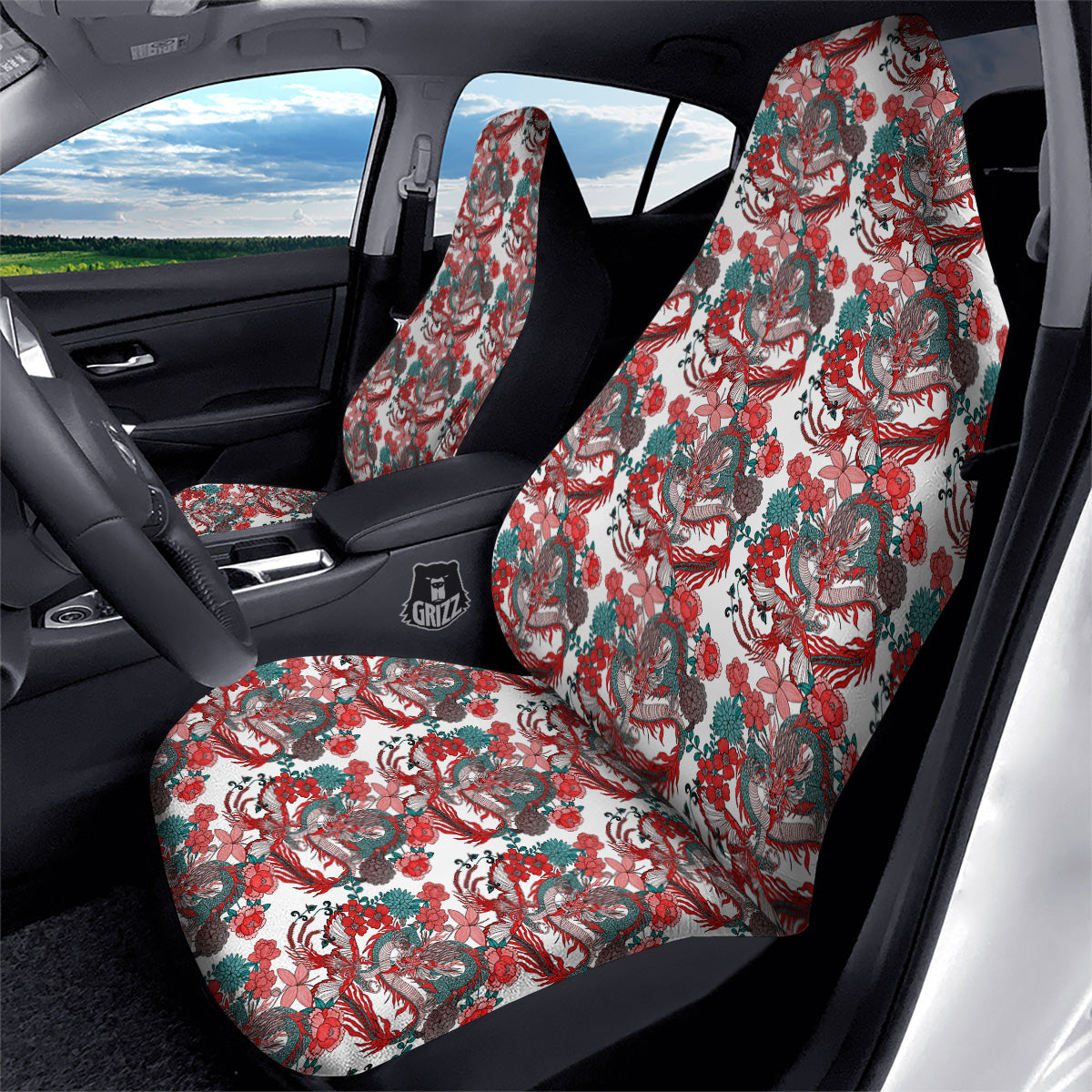 Flower And Chinese Dragon Print Pattern Car Seat Covers-grizzshop