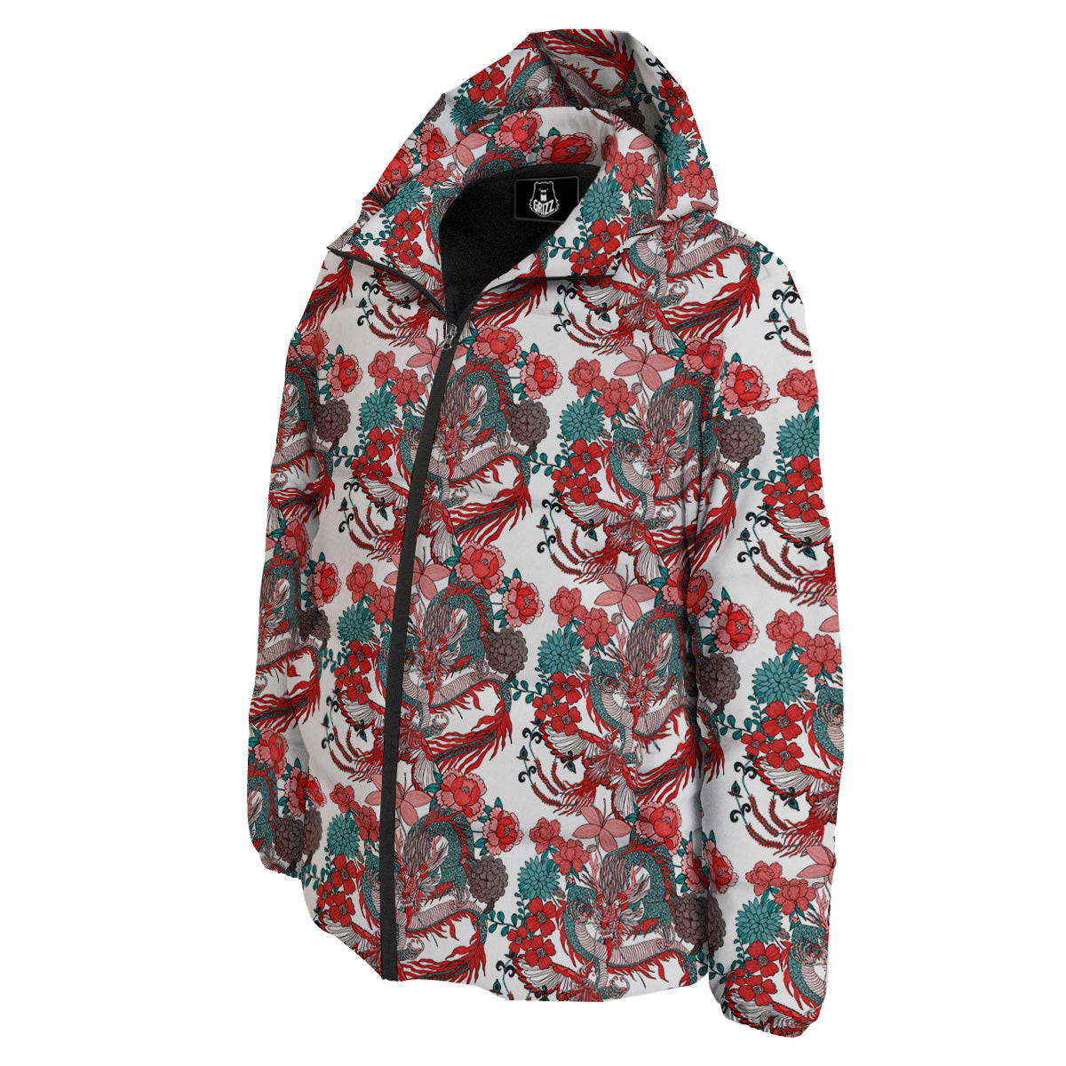 Flower And Chinese Dragon Print Pattern Down Jacket-grizzshop