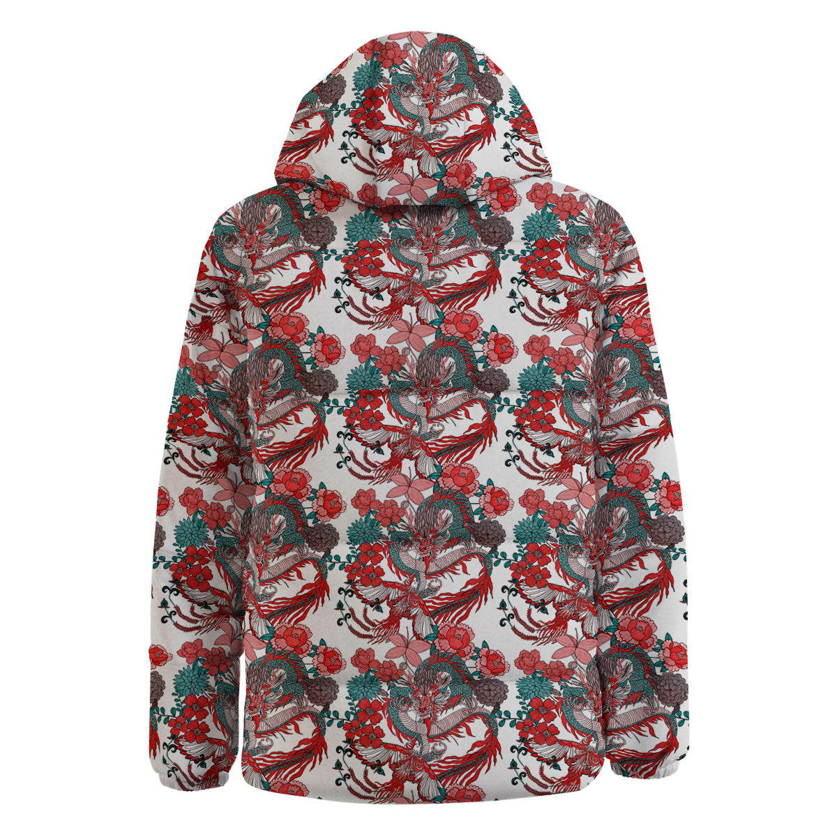 Flower And Chinese Dragon Print Pattern Down Jacket-grizzshop