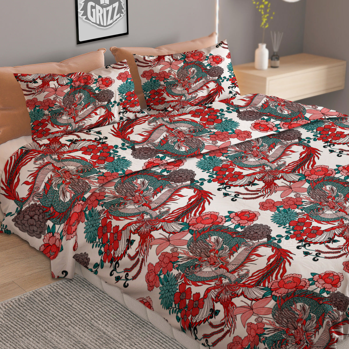 Flowers Skull Green Blue Print Pattern Duvet Cover Bedding Set