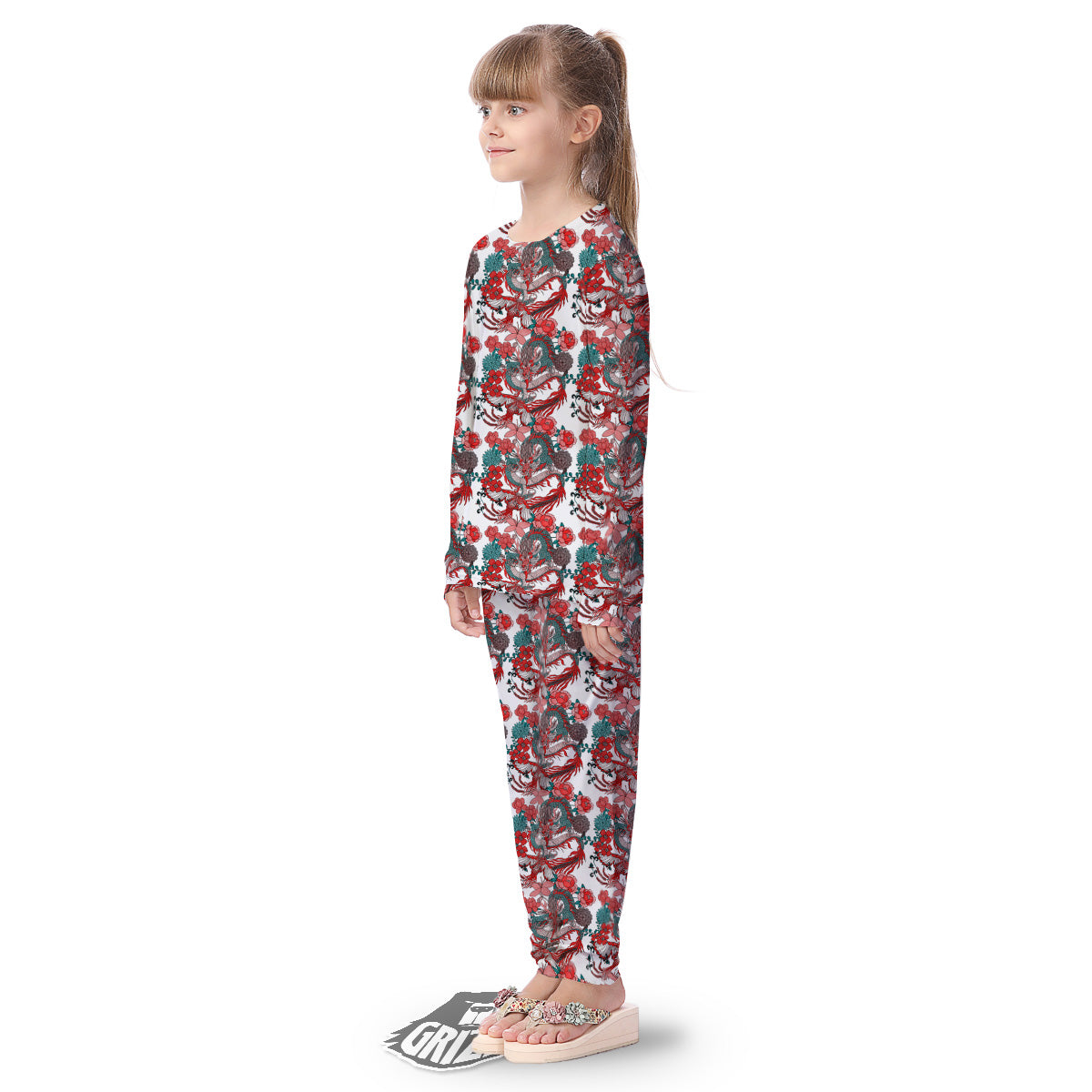 Flower And Chinese Dragon Print Pattern Kid's Pajamas-grizzshop
