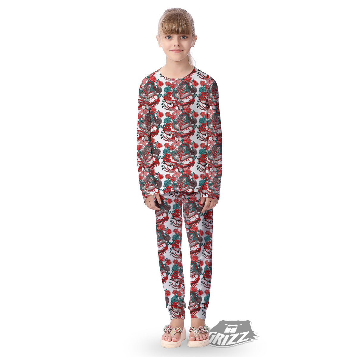 Flower And Chinese Dragon Print Pattern Kid's Pajamas-grizzshop
