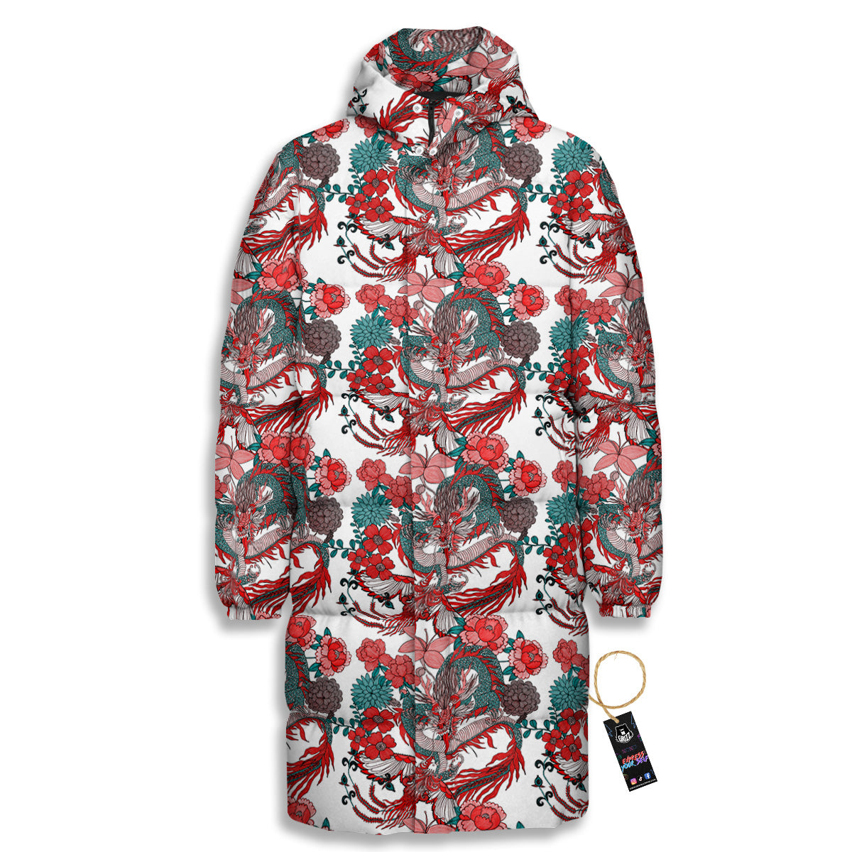 Flower And Chinese Dragon Print Pattern Long Down Jacket-grizzshop