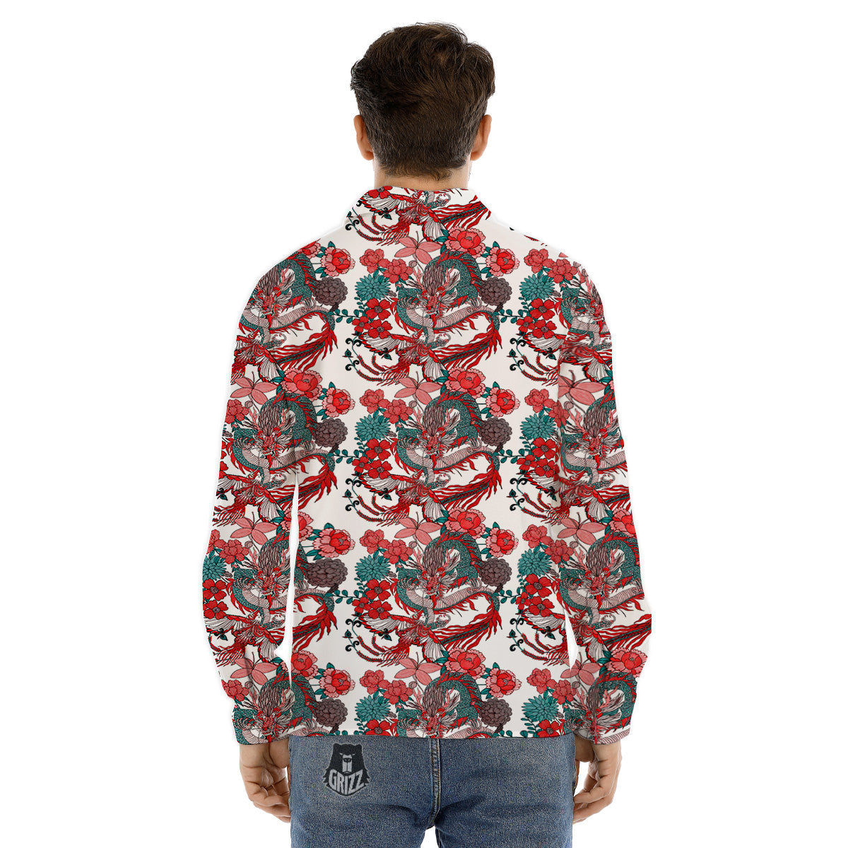 Flower And Chinese Dragon Print Pattern Men's Dress Shirts-grizzshop