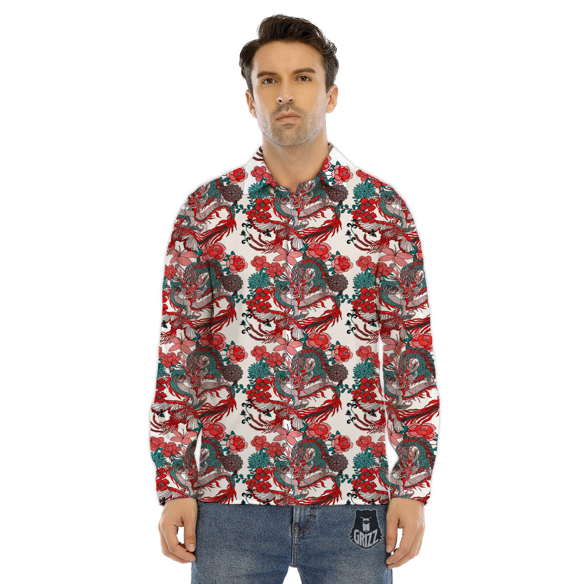 Flower And Chinese Dragon Print Pattern Men's Dress Shirts-grizzshop